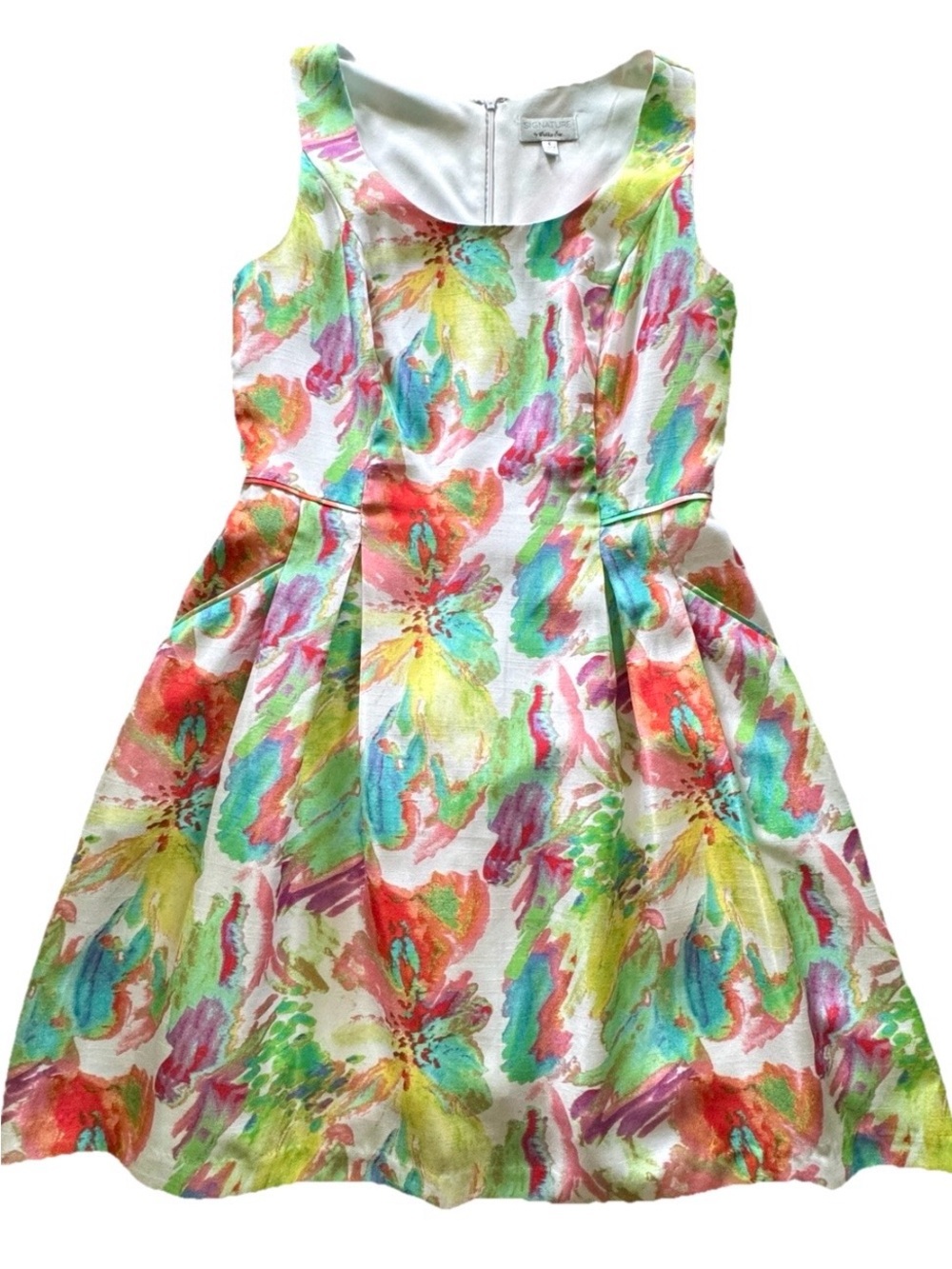 Robbie Bee Watercolor Floral Fit & Flare Dress Garden Party Pleated Pockets 6